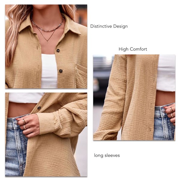 Dam Casual Långärmad Enfärgad Skjorta V-ringad Knäppning Ned Lapel Krage Blus Toppar för Fest Shopping Resor Aprikos M