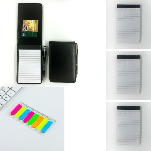 6 st mini anteckningsblock set, inklusive A7 läder anteckningsbok med metallpenna, 3 st anteckningsblock memobok var och en med 30 sidor linjerat papper, 1 st indexflik, liten ficka