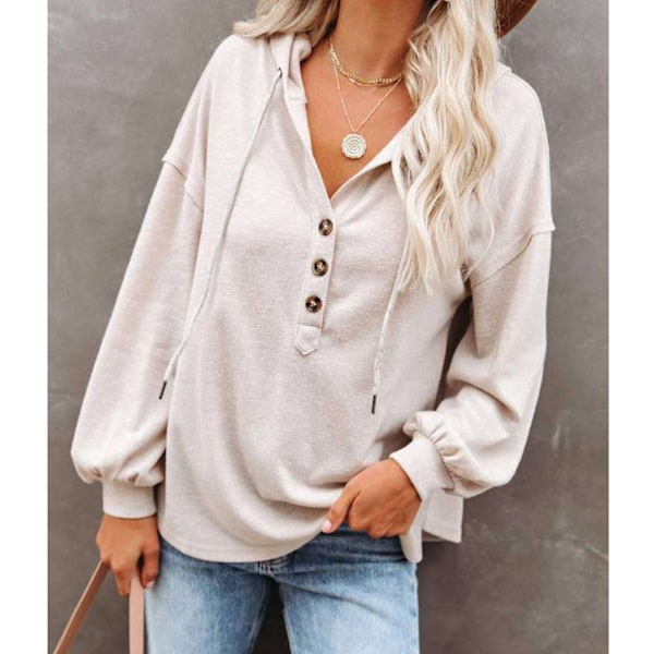 Dam Knapptröja V-ringad Långärmad Pullover Topp Med Dragsko för Kontor Träning Vit XL