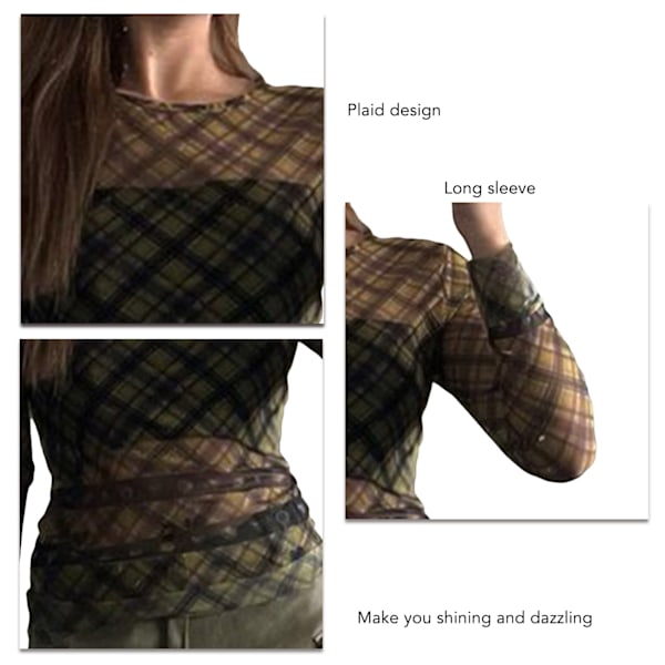 Damtopp Lång Böjd Ärm Rund Hals Blus Slim Fit Elastisk Midja Topp Rutig Mesh Pullover Färgrik L