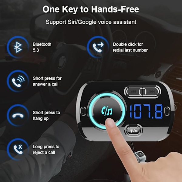 Opgraderet Bluetooth 5.3 FM-sender til bil, Håndfri til køretøjer, MP3-afspiller til bil, Hurtig opladning QC3.0 & PD 20W USB-porte, Understøtter kort