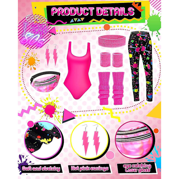 7 st 80-tals träningskostym 80- set 80-tals 90-tals Leotard Legging Pannband Armband Benvärmare Örhängen Fanny Pack Splash Print X-Large