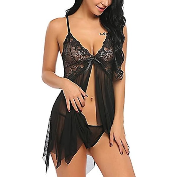 Damunderkläder Set Mjuk Babydoll Spetskopp Sling Nattkläder Mesh Chemise Sovkläder Klänning Black S