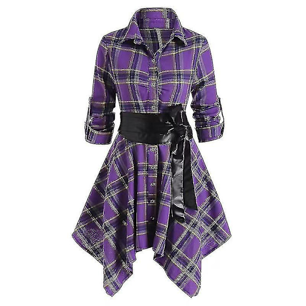 Kvinnors Pläd Klänning Långärmad Button Down Belted Shirtdress Bästa present Grön M