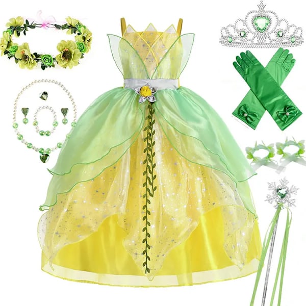 Klassisk flicka saga Tiana Cosplay kostym elegant prinsessa grön festklänning julbalklänning prinsessa och grodan Vestido tiana outfit 03 4T(120)