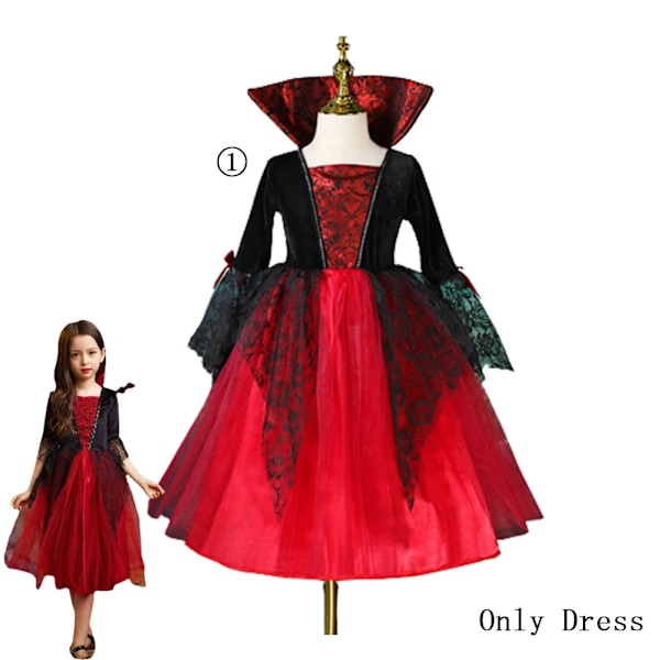 Flickfladdermus Halloween-klänning för barn, spökbrud, gotisk cosplay, vampyrkostym, greve Vampiran, karnevaloutfit, svart röd klädsel Dress Set 22 L (6-7Y)