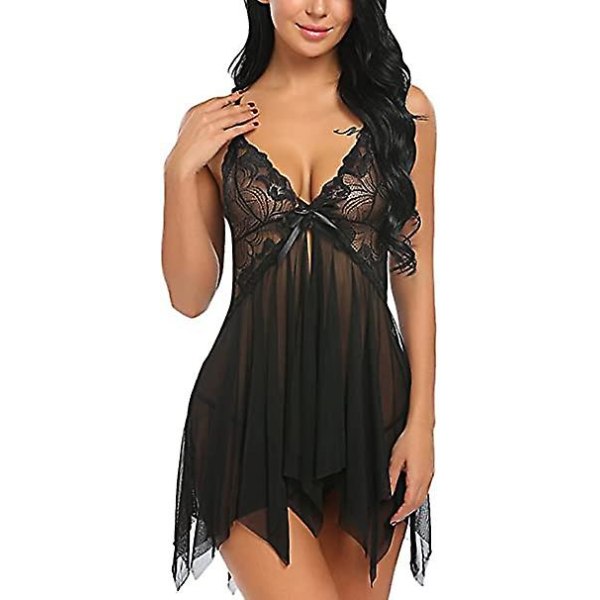 Damunderkläder Set Mjuk Babydoll Spetskopp Sling Nattkläder Mesh Chemise Sovkläder Klänning Black S