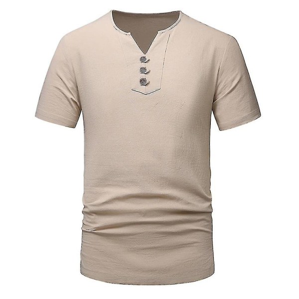 Herr bomullslinnelook Henley-skjortor Kortärmade Hippie Summer Beach Casual Snygga T-shirt Toppar Khaki XL