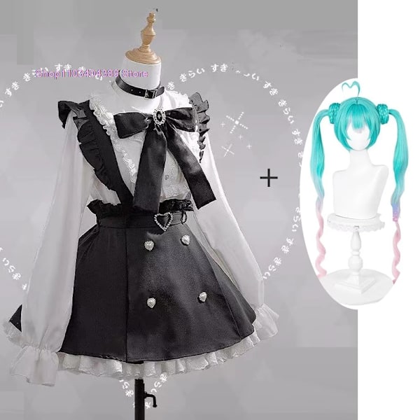 Miku Fashion Subkultur Cosplay Kostym Kvinnors 2 Set Långärmad Skjorta Suspender Klänning Halloween Karneval Kläder För Flicka S (35-45Kg) Costume and Wig