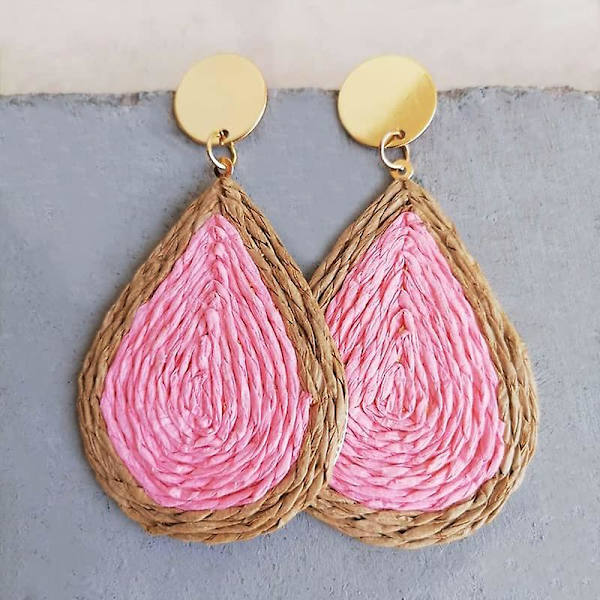Bohemian Woven Straw Wicker Raffia Rotting Dingle Örhängen Geometriska Circle Round Drop Earrings pink teardrop