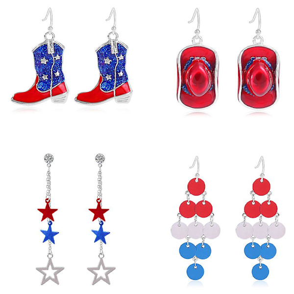 4:e juli Patriotiska örhängen Independence Day Amerikanska flaggan Krokörhänge, present till kvinnor tjejer, 4 par Style 2