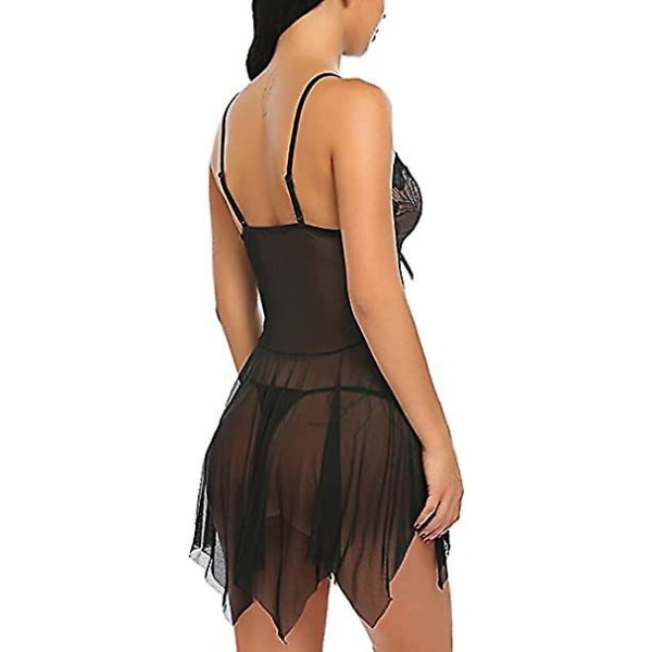 Damunderkläder Set Mjuk Babydoll Spetskopp Sling Nattkläder Mesh Chemise Sovkläder Klänning Black S