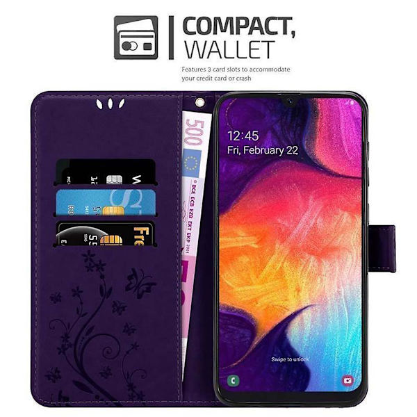 Samsung Galaxy A50 4G / A50s / A30s Cover Case Case - med blommönster och stativfunktion och kortplats FLORAL DARK LILA Galaxy A50 4G / A50s / A30s