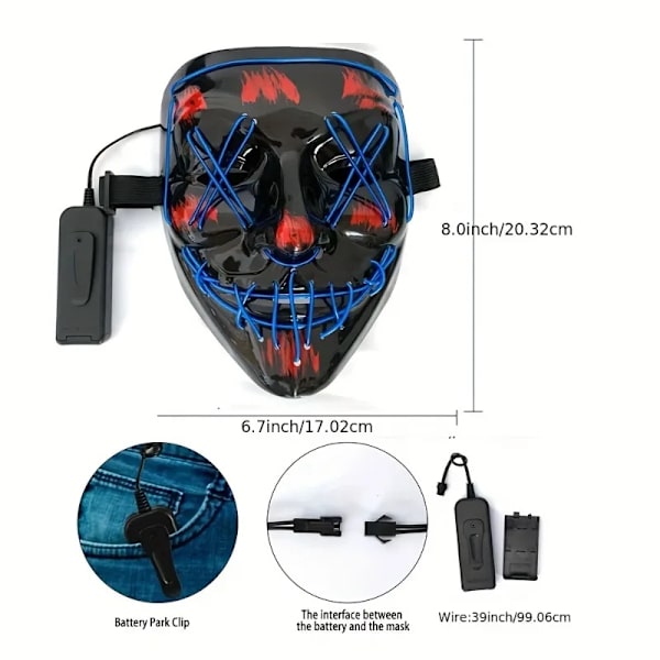 Halloween-masker med skräck-LED-ansiktsbelysning, läskig skrik-mask, lysande mask för karneval och Halloween-kostymer för män, lyser i mörkret red and blue2