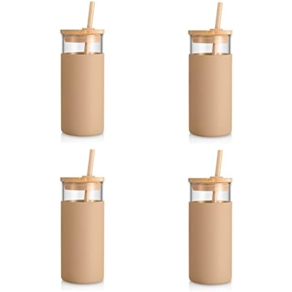 tronco 20 oz glasglas glas vattenflaska sugrör Silikon skyddshylsa bambu lock - BPA fri - bärnsten Amber 4 Count (Pack of 1)