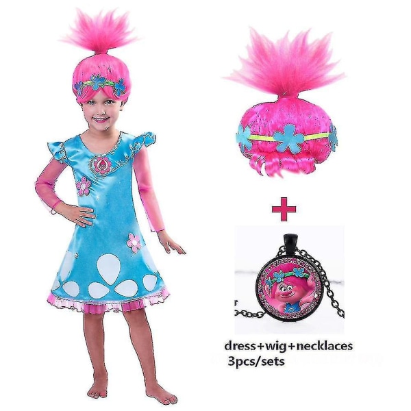 Flickor Klänningar Trolls Poppy Cosplay Kostymer Klänning För Flickor Streetkläder Halloween Kläder Barn Halsband Peruk Fancy Girl Dress 881 110(3-4Y)