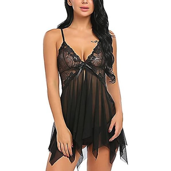 Damunderkläder Set Mjuk Babydoll Spetskopp Sling Nattkläder Mesh Chemise Sovkläder Klänning Black S
