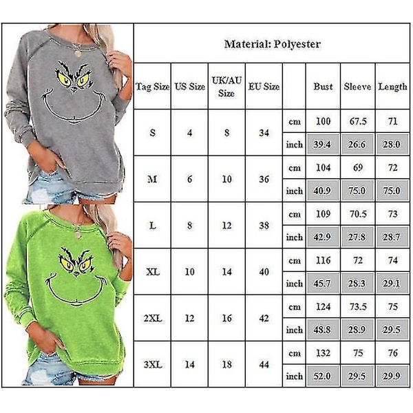 Kvinnor Christmas The Grinch Print T-shirt Casual Loose Sweatshirt Xmas Crew Neck Pullover Tops Dark Green L