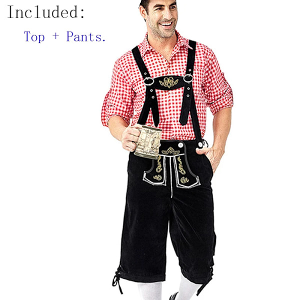 Man Carnival Oktoberfest Kostym Topp Halter Lederhosen Hatt Bayersk Bartender Cosplay Fancy Party Klänning Halloween XXL Set 01