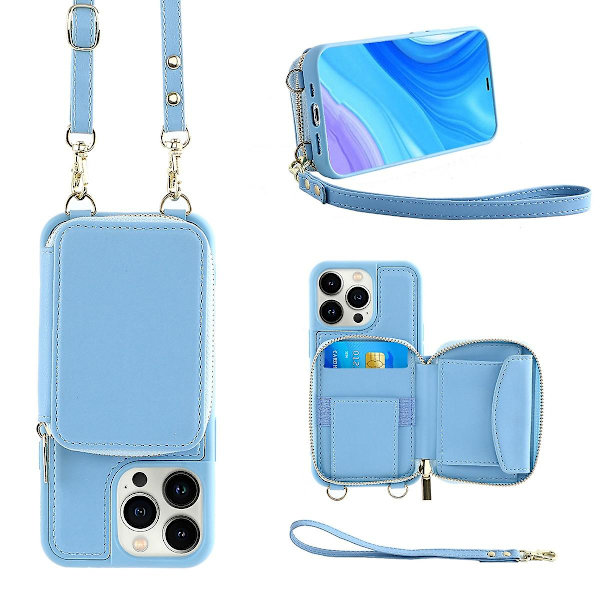 Crossbody dragkedja Case Kompatibel med Iphone 15 Pro Max, Pu Läder Stötsäkert cover med handledsrem & korthållare Blue For iPhone 15 Pro Max