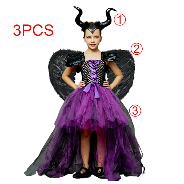 Disney Maleficent Kostym Deluxe Flickor Halloween Karneval Fest Lila Släpande Nätklänning Barn Cosplay Demon Drottning Häxa Kläder Dress Set 02 M(4-5T)