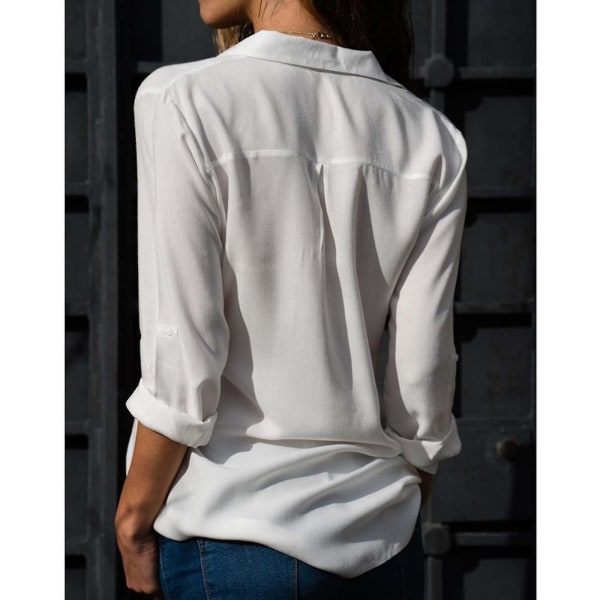 Kvinnor långärmad solid Button Down Lapel Shirt White S