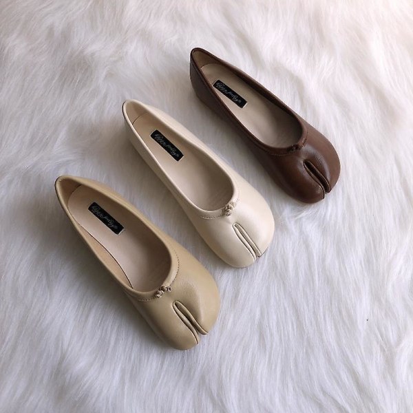 Tabi Ninja Skor Kvinna Mikrofiber Läder Bekväma plattor Delad tå Tofflor Mjuk botten Loafers Rejäla shorts dammockasiner 35-40 beige grid 6.5