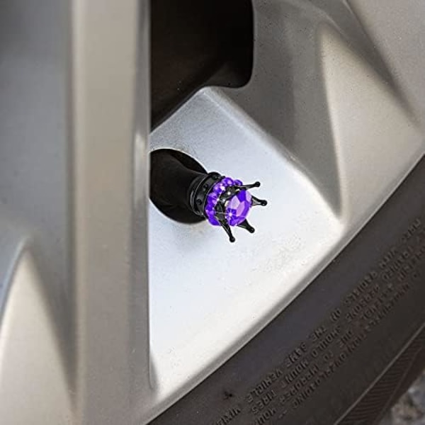 4 delar Crown Tire Ventil Stamkapsyler Bling Handgjorda Crystal Rhinestone Universal Chrome Crown Fordonsdäckslock för fordon, attraktiv åtkomst Purple and Black