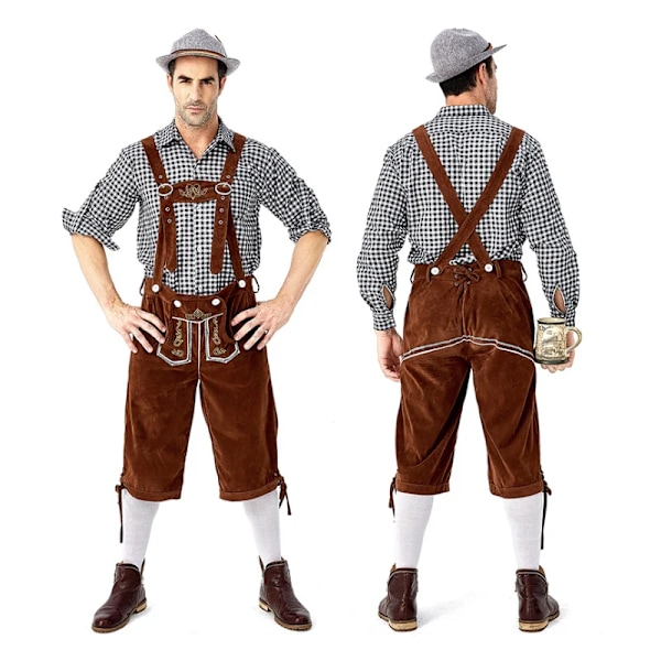 Man Carnival Oktoberfest Kostym Topp Halter Lederhosen Hatt Bayersk Bartender Cosplay Fancy Party Klänning Halloween XL Set 02