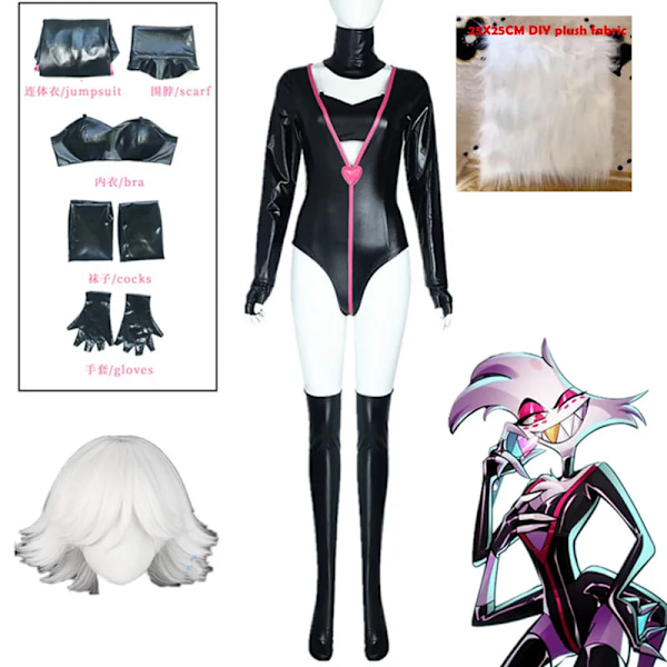 Angel Dust Cosplay Fantasy Anime Cartoon Förklädnad Kostym Handskar Fluga Rosa Klänning Outfit Kvinnor Halloween Rollspel Kläder XS C3P2W1