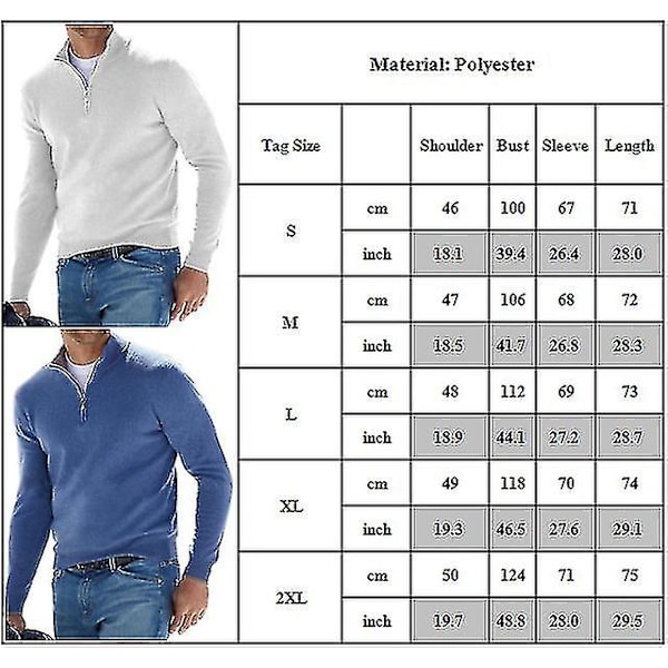 Män Zip Stand Neck Solid Toppar Casual Höst Vinter Fit Långärmad Pullover White M