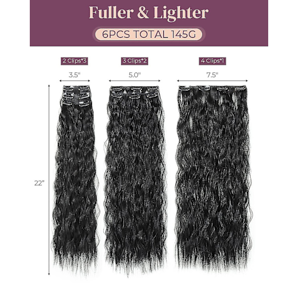 Clip In Hair Extensions, 6st 24" svarta hårförlängningar Långa sjöjungfruvågor Vågigt syntetiskt klämma på hårstycke för kvinnorsvart