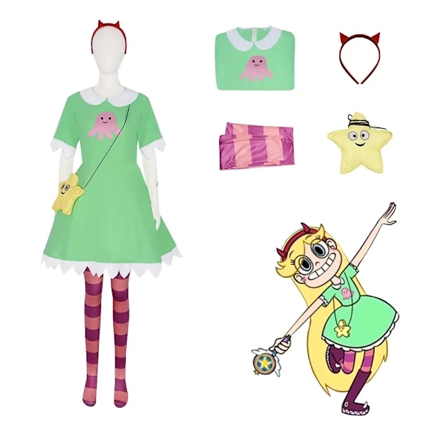 Anime Star vs. the Forces of Evil Cosplay Star Butterfly Grön Klänning Röd huvudbonad Strumpor Halloween Maskeraddräkt XL set