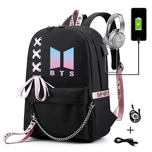 Bts väska kedja ryggsäcksrem USB-laddning perifer skolväska