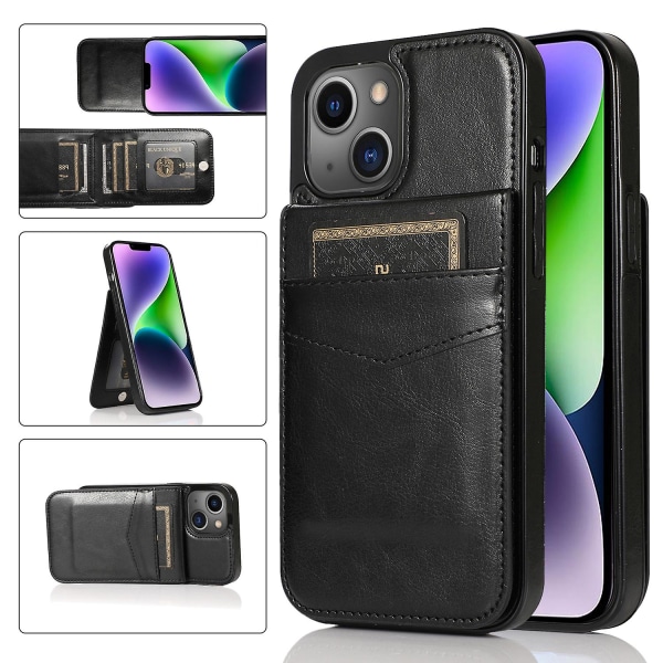 Telefon Kickstand Case För Iphone 14 Plus, Korthållare Pu Läder + Tpu Cover Black