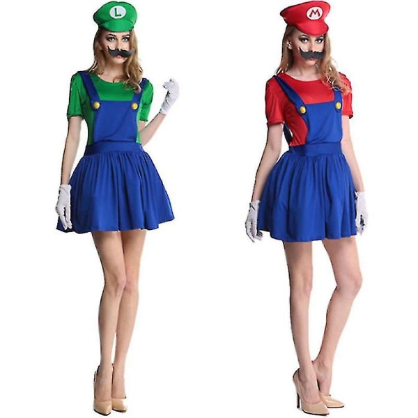 Super Mario Luigi Cosplay Kostym Vuxna Barn Fancy Dress Up Outfit Kläder Red Women M