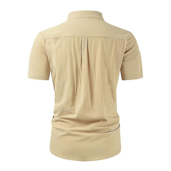 Ståkrage för män Button Down-skjortor Kortärmad bomull Linnelook Strand Casual Snygg sommarskjorta Toppar Khaki 2XL