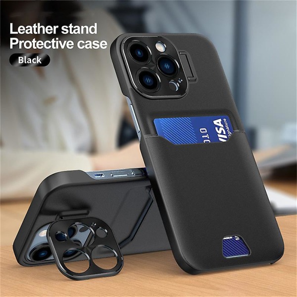 Läderkamera Case För Iphone 15 Pro Max Med Kortplats Stativhållare Black