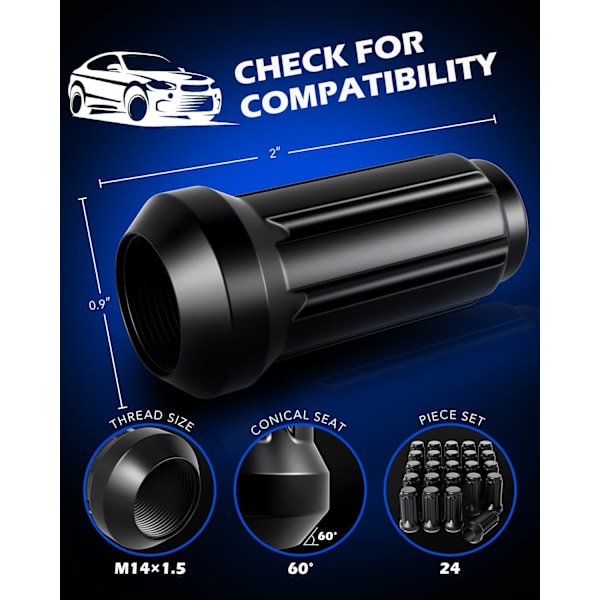 OMT M14x1.5 Luggmuttrar Svart med Spline Tuner, XL 2 tum lång konisk eftermarknadshjulmutter, kompatibel med Chevy GMC Ford Cadillac Linc