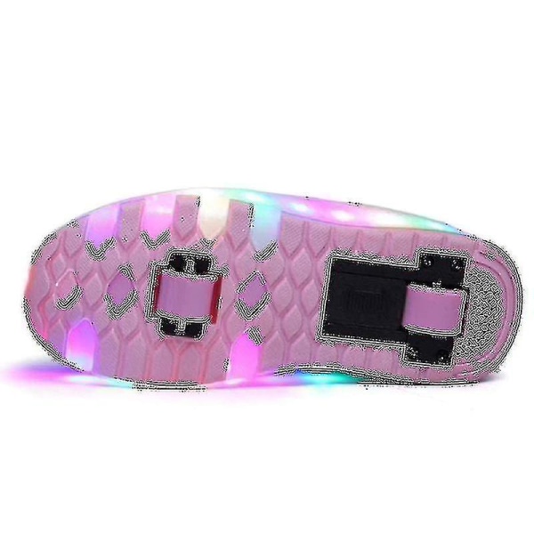 2022 Nya Led Light Up Roller Shoes Double Wheel USB Uppladdningsbara skridskoskor Pink 34