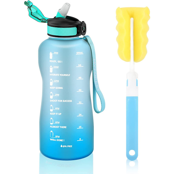 2,2-liters vattenflaska, BPA-fri, 2,2 l, drickflaska med sugrör och tidsmarkeringar, 2 200 ml, gymnastikflaska för sport, cykling, yoga, v Sjö blå N