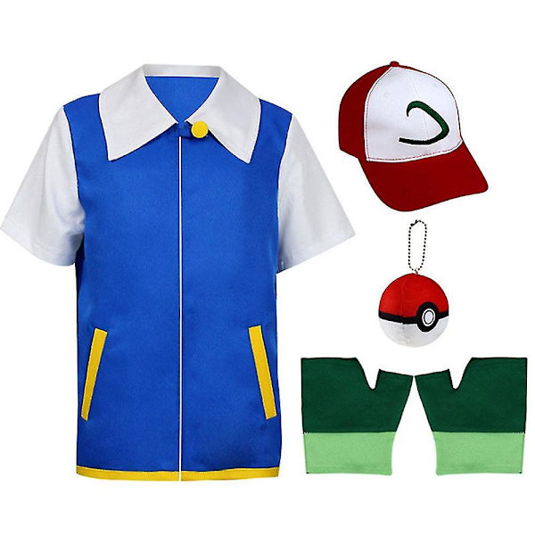 Kids Creative Cosplay Ash Ketchum Blue Jacket Anime Figur Rollspel Show Kläder Trainer Cap och handskar Set Ash Ketchum Sets M