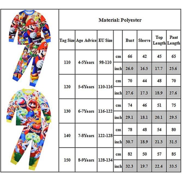 4-9 år Barn Super Mario Bros Pyjamas Set Pjs Sleepwear Pyjamas Outfits Presenter C 7-8Years