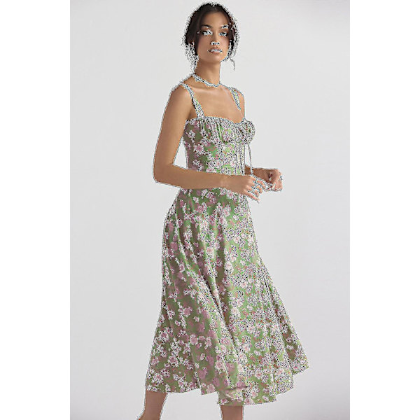 Kvinnor Blommig Boho Midi Bustier Kläder Dam Carmen Print Solklänning Sommar Beach Swing Kläder Grön Blomma Asia L EU M