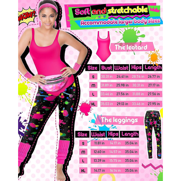 7 st 80-tals träningskostym 80- set 80-tals 90-tals Leotard Legging Pannband Armband Benvärmare Örhängen Fanny Pack Neon Style 3X-Large