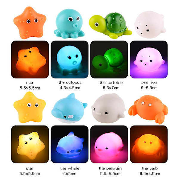 Baby Söta djur Badleksak Simma Vatten Led Light Up Leksaker Mjukt gummi Float Induktion Lysande grodor För barn Lek Roliga presenter C 4pcs A