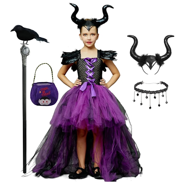 Maleficent Halloween Barnkostym Tulleklänning Flickor Cosplay Vestidos Festlig Ond Drottning Mesh Prinsessklänning Barn Kråka Trollstav 6 pcs Set D L6-7T)