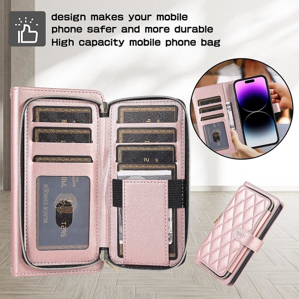 Crossbody dragkedja case kompatibel med Iphone 15 Pro Max, Pu läder stötsäkert cover med korthållare och rem Black For iPhone 15 Pro Max