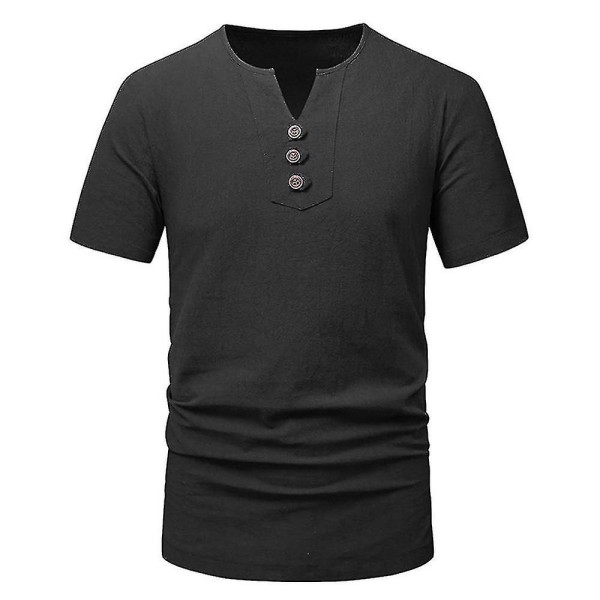 Herr bomullslinnelook Henley-skjortor Kortärmade Hippie Summer Beach Casual Snygga T-shirt Toppar Black 2XL