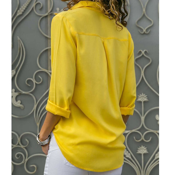 Kvinnor långärmad solid Button Down Lapel Shirt Yellow 3XL